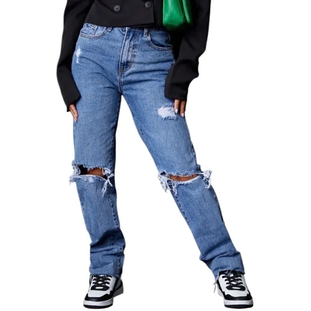 PRETTYLITTLETHING RIPPED LONG LEG STRAIGHT JEANS UK Size 10 US Size 6/28